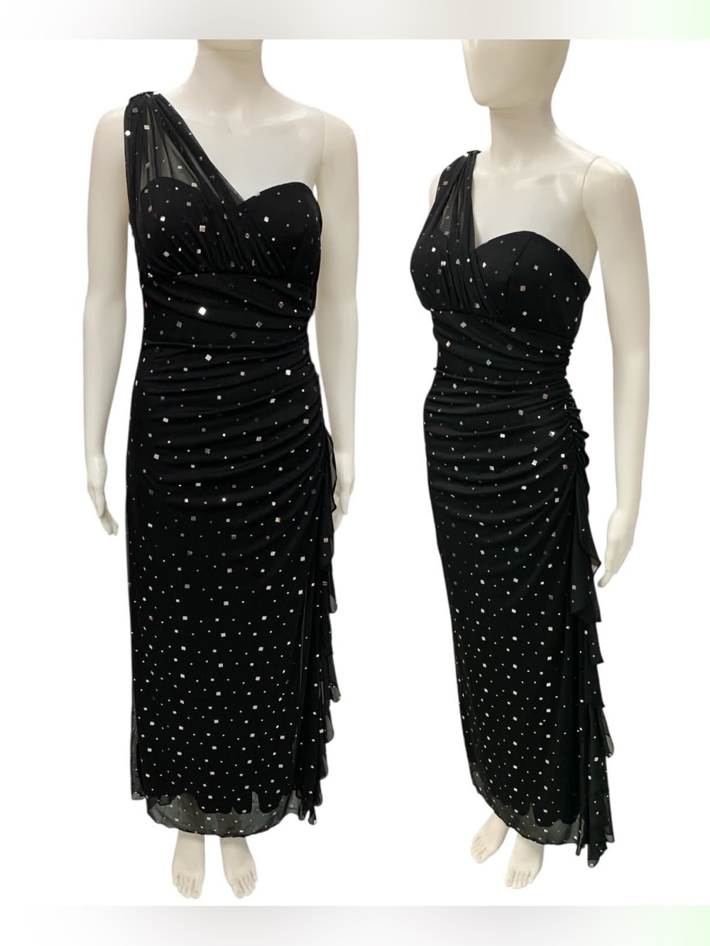Blondie Nites Black One-Shoulder Ruched Evening Dress with Sparkle Size S